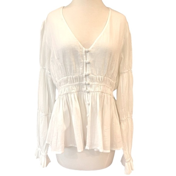 Faherty Colette Organic Cotton Blouse Button Up Smocked Ruffles White Sz L - Picture 16 of 16
